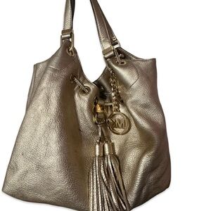 Michael Kors Gold Pebbled Leather Camden Tassel & Logo Drawstring Shoulder Bag